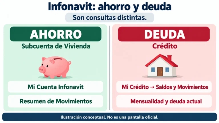 Infografía de Infonavit que distingue el ahorro de la Subcuenta de Vivienda de la deuda del crédito y señala sus consultas respectivas.