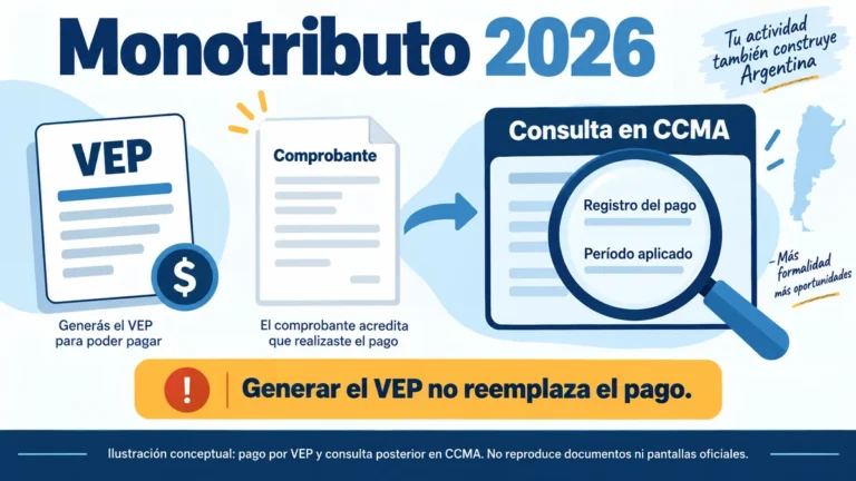 Ilustración conceptual de un VEP junto a un comprobante y una lupa sobre el registro del pago y el período aplicado en CCMA.